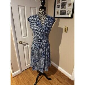 Lands End Dress Shirt Sleeve Surplice Elastic Waist Navy Floral Maxi Sz S (6-8)